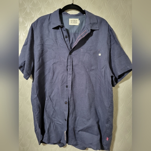 Scotch & Soda 100% Linen Blue Short Sleeve Button Up Regular Shirt Men's Large - Picture 1 of 6